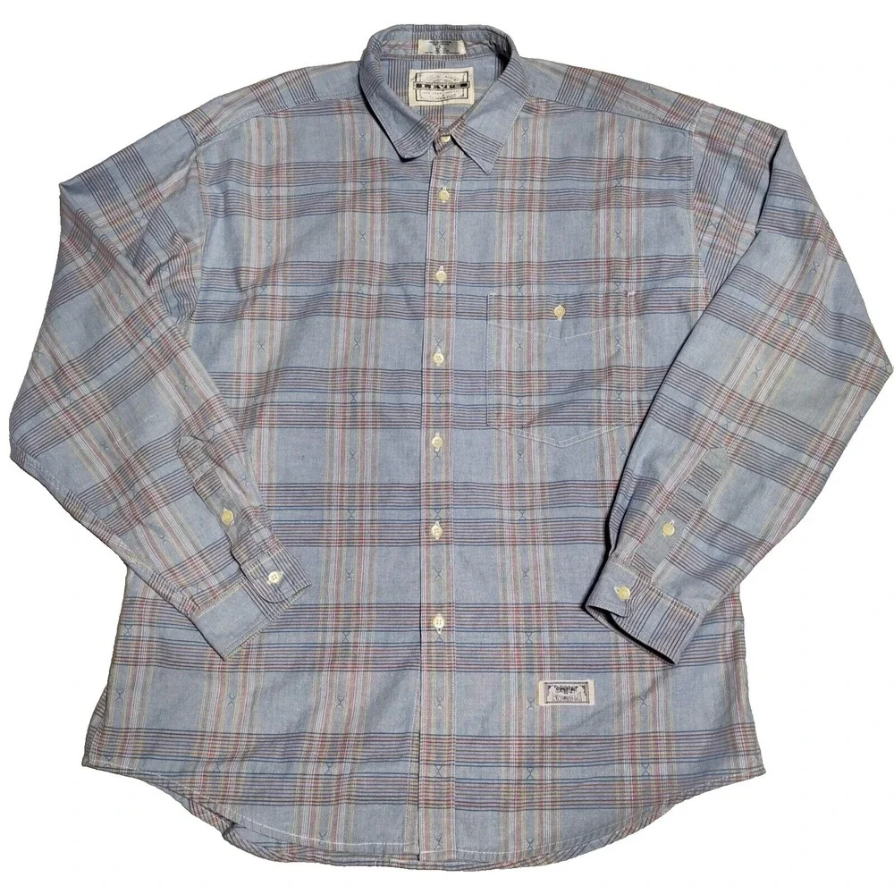 VTG LEVIS Men Large Blue Plaid Long Sleeve Cotton Button-Up Western Shirt‎